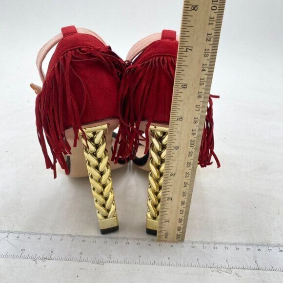 Women's Fringe Heels Ankle Strap Faux Suede Chunky Heel Shoes - Picture 4 of 6